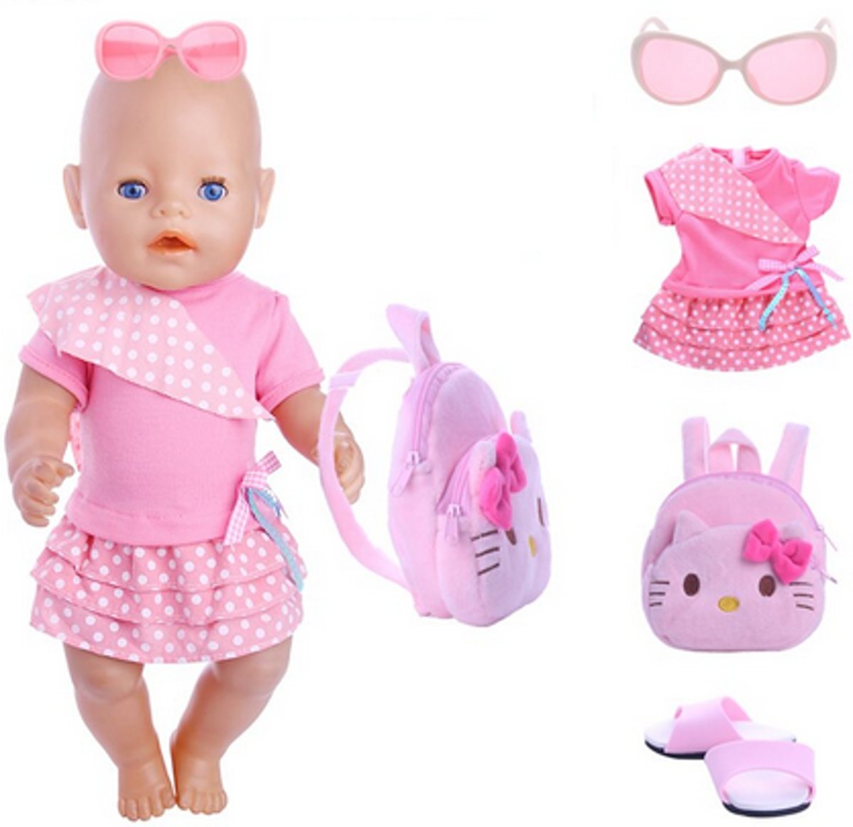 Voor de Pop |  Roze Hello Kitty Schooloutfit Voor Babypop Met Rugtas | 4 delig | BABY Born | Poppenkleren | Poppenaccessoires | 43cm